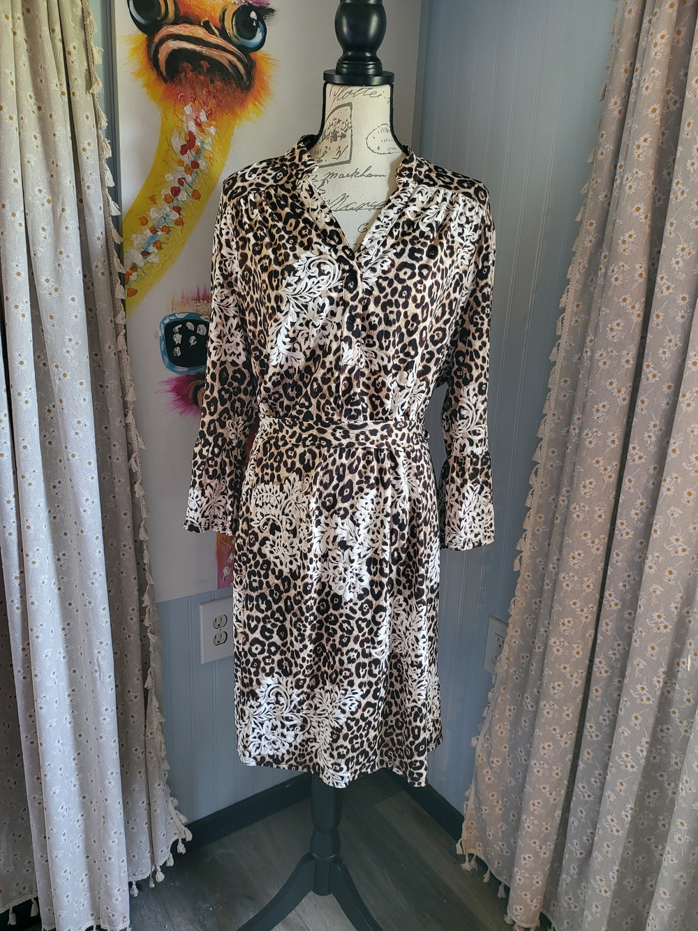 Tacera Leopard Floral Belted Shirt Dress Bell Sleeve Plus Size 2X